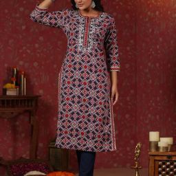 Ishin Dark Blue Cotton Printed Straight Kurta-picture-18