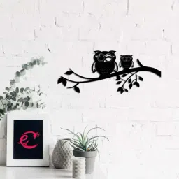 2 Owls on a Tree Branch' Black Engineered Wood Wall Art Cutout-25