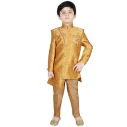 SG Yuvraj Kids Yellow & Brown Printed Sherwani with Pyjama-picture-40