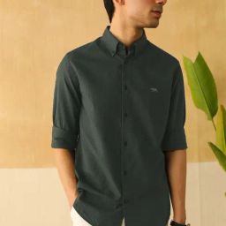 Andamen Olive Cotton Slim Fit Texture Shirt-image-72
