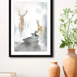 999Store White & Light Brown MDF Deers Printed Paper Wall Painting - Set of 1-18