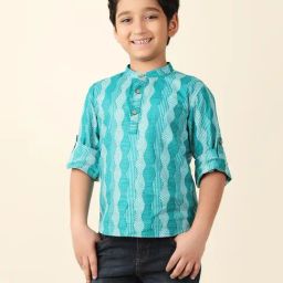 Fabindia Kids Turquoise Printed Full Sleeves Short Kurta-image-66