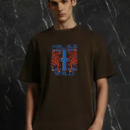 Breakbounce Olive Comfort Fit Printed Oversized Crew T-Shirt-picture-5