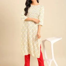 SHOWOFF Off-White & Yellow Cotton Embroidered Straight Kurta-image-32