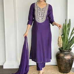 KALINI Women Embroidered Regular Thread Work Pure Silk Kurta with Trousers & Dupatta-45