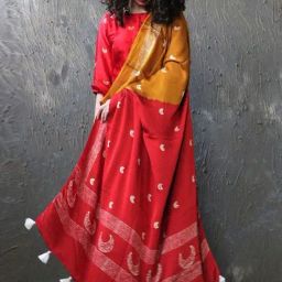 Chidiyaa Yellow & Red Block Printed Modal Silk Saree-picture-6