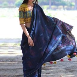 Chidiyaa Blue Block Printed Cotton Mul Saree-picture-4