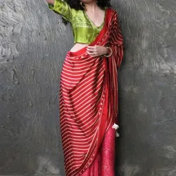 Chidiyaa Red & Rani Block Printed Modal Silk Saree-picture-14