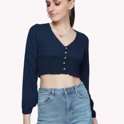 VASTRADO Navy V Neck Crop Top-picture-3