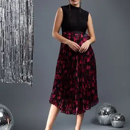 Justin Whyte Floral Print Keyhole Neck Satin A-Line Midi Dress-image-95