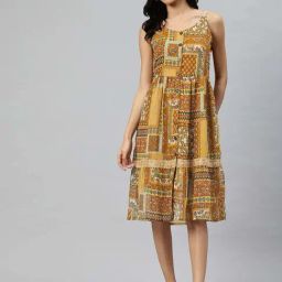 Cottinfab Mustard Printed Casual Dress-picture-24