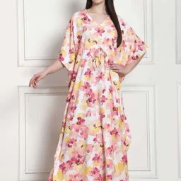 Secret Wish Peach Rayon Floral Straight Kaftan-image-96