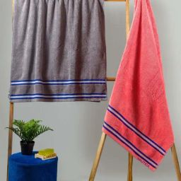 Nautica Vintage Crew Stripe Grey & Coral Cotton 500 GSM Super Soft Zero Twist Bath Towel - Set of 2-64