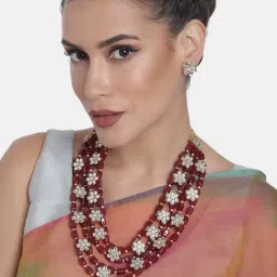 Peora Gold-Plated Maroon Beaded Layered Long Necklace Jewellery Set with Floral Earrings-image-35