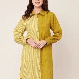 Moomaya Yellow Cotton Striped Shirt Dress-image-35