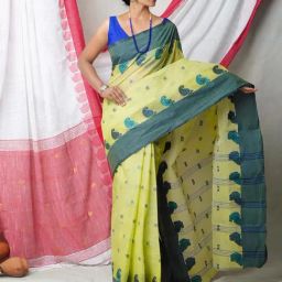 Unnati Silks Green & Grey Cotton Woven Saree With Unstitched Blouse-image-3