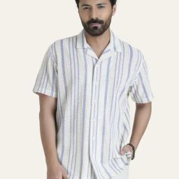 Perch Blue Pure Cotton Relaxed Fit Striped Shirt-image-31