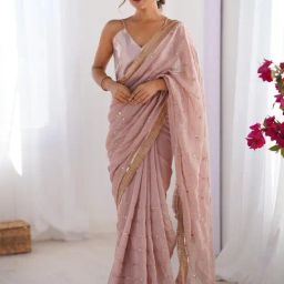 Saree Mall Beige Organza Embellished Saree with Blouse Piece-picture-25
