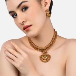Zaveri Pearls Green & Pink Stones South Indian Style Temple Necklace & Earring Set-ZPFK9639-45