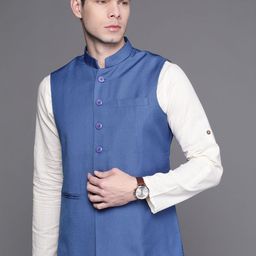 Manu Men Blue Woven Design Nehru Jacket-20