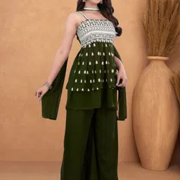 PARROT CREATION Embroidered Straight Sequinned Kurti With Sharara And Dupatta image 3