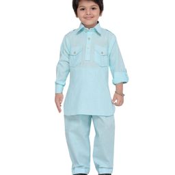 AJ Dezines Full Sleeves Solid Pathani Suit - Blue-image-97