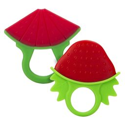Infantso Non-Toxic Food-Grade Silicone Baby Teether BPA-Free for Pain-Relief Easy Teething Blue Bottle & Strawberry Pack of 2-24
