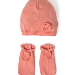Mi Arcus 100% Cotton Trims 100% Polyester Floral Applique Detailed Winter Wear Cap & Socks Set - Peach-picture-27