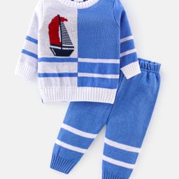 Babyhug Knitted Full Sleeves Sweater  Set With Boat Design - Blue & Grey-picture-20