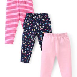 Babyhug Cotton Lycra Knit Full Length Leggings Striped Solid & Rainbow Print Pack of 3 - Multicolour-image-35