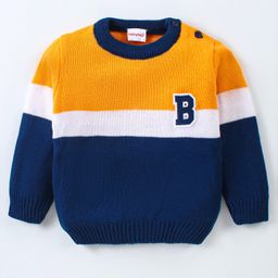 Babyhug  Knitted Full Sleeves Pullover Sweater with Alphabet Embroidery  - Blue Yellow & White-image-50