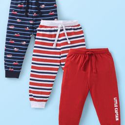 Babyhug Cotton Knit Full Length Lounge Pants With Stripes & Nautical Theme Print Pack Of 3 - Red & Navy-image-93