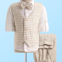 Robo Fry Woven Full Sleeves Checks 3 Piece Party Suit With Bow - White & Cream-image-94