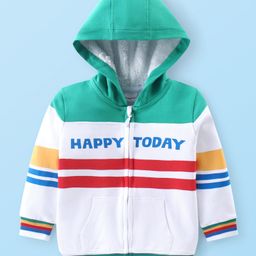 Babyhug Cotton Knit Full Sleeves Front Open Hooded Sweatjacket With Stripes & Text Print - Multicolour-image-84