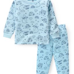 Doodle Poodle Cotton Knit Full Sleeves Thermal Vest & Pant Set with Vehicle Print - Light Blue-image-64