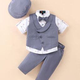 Robo Fry Lycra Knit Full Sleeves Printed 3 Piece Party Suit with Hat & Bow - Greyish Blue-image-107