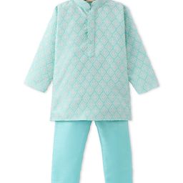 Ridokidz Full Sleeves Ethnic Motifs Embroidered Kurta Pyjama Set - Sea Green-image-1