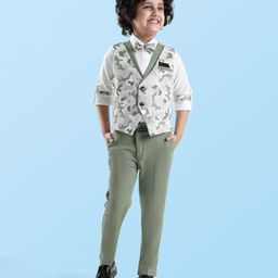 Rikidoos Full Sleeves Solid Shirt With Abstract Printed Waistcoat Pant & Bow Set - White & Pista Green-image-79