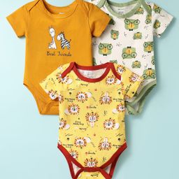 OHMS Single Jersey Knit Half Sleeves Onesies With Animal Print Pack Of 3 - White & Yellow-image-76