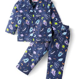 Babyhug Cotton Woven Full Sleeves Front Open Night Suit with Space Print - Navy Print-image-17