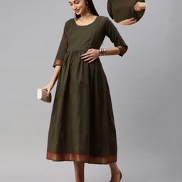 Swishchick Cotton Three Fourth Sleeves Placket Foil Printed Maternity Dress With Zip Nursing Access - Green-image-65