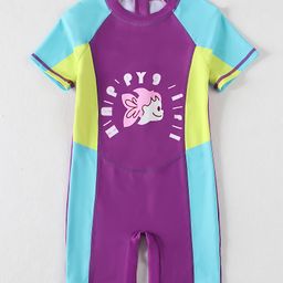 Mark & Mia Half Raglan Sleeves Printed Legged Swimsuit With Color Block Design - Purple-12