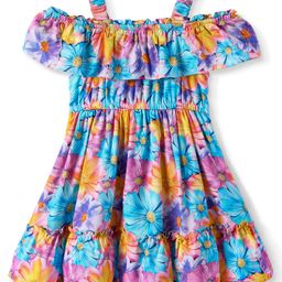 Babyhug Rayon Woven Cold Shoulder Sleeves Frock With Floral Print - Multicolor-image-17