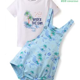 Babyoye 100% Cotton Interlock Knit Dungarees Style Onesies & Half Sleeves Shirt With Eco Jiva Finish Tropical Theme - Light Blue-image-9