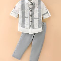 Rikidoos Full Sleeves Typography Printed Shirt With Waistcoat Pant & Bow - Grey & White-picture-28