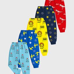 KUCHIPOO Cotton Blend Pack Of 5 Lion & Stars Printed Pajamas - Red Yellow Navy & Sky Blue-image-13