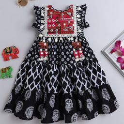TINY MINY MEE Cotton Rayon Sleeveless Abstract Printed Mirror Work Embellished & Embroidered Dress - Multi Colour-image-44
