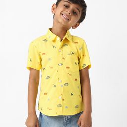 Nauti Nati Poplin Half Sleeves Car & Animals Printed Shirt - Yellow-image-99