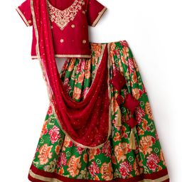 Pine Kids Woven Half Sleeves Choli Lehenga & Dupatta Set With Floral Print & Embriodered - Green-picture-41