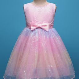 Babyhug Woven Sleeveless Mesh Party Dress with Sequin Detailing & Bow Applique - Pink-image-78